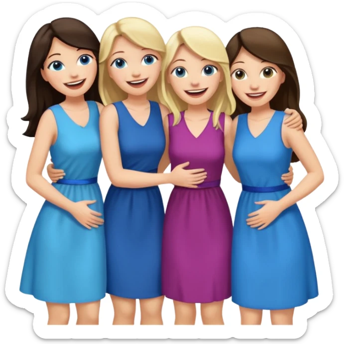 four adult white women laughing and hugging.  Two have long dark brown hair.  Two have blonde hair and blue eyes. sticker