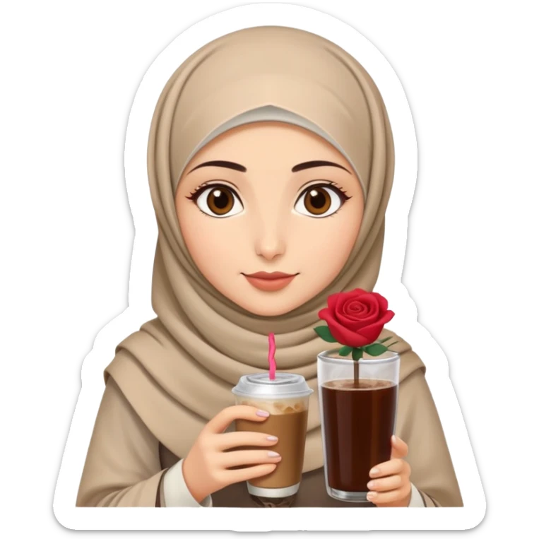 Turkish beautiful finish Konya girl eyes with beige hijab islamic dress and had on her hand Rose Cold brew coffee   sticker