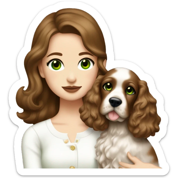 Girl with brown hair and plump lips and green eyes wearing white miu miu longsleeve hugging brown cocker spaniel sticker