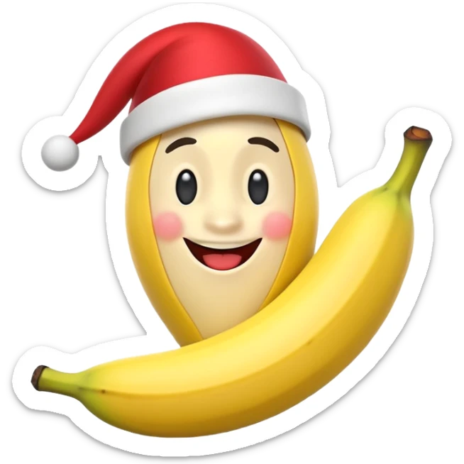 A 3D cartoon banana with a red nose and tiny hat, smiling face, playful pose, Memoji-style. sticker