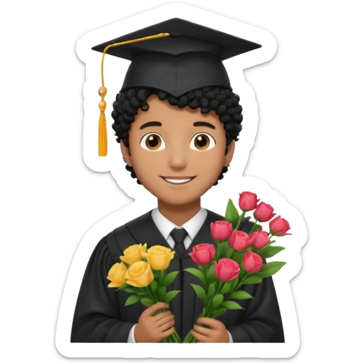 Graduated Students, Male,  brown skin, black curly hair, wearing graduation cap, holding bouquet of flowers
 sticker