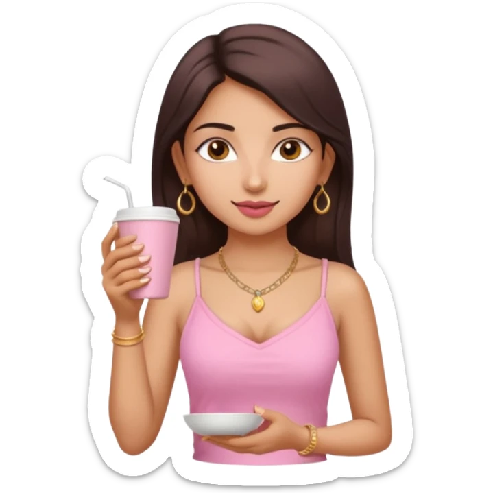a pretty fair indian bratz girl with a pink cami top, drinking takeaway brown coffee, golden dainty necklace and carrying a white bag sticker
