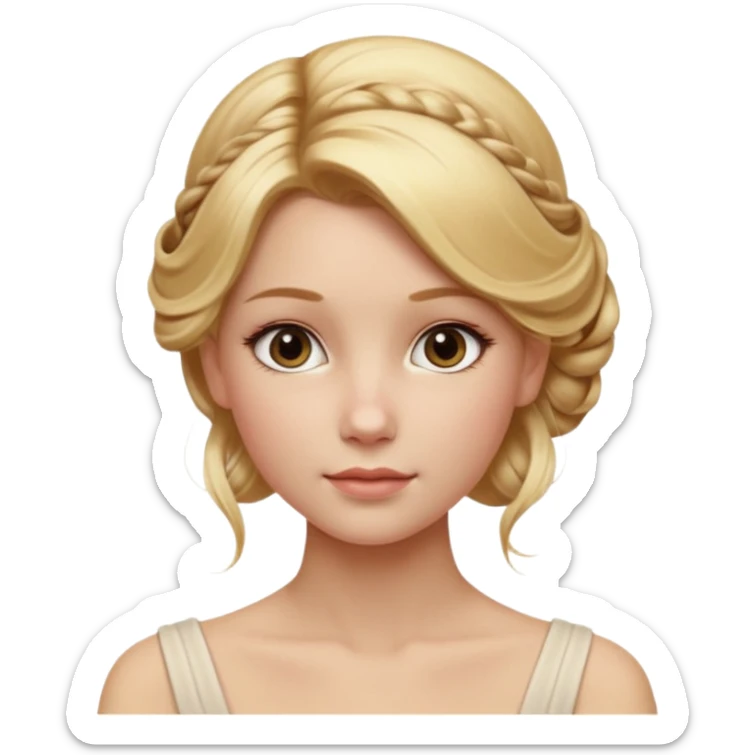 Cinematic Realistic Journal Portrait, depicted with lifelike skin texture, subtle rosy undertones, and soft natural lighting that enhances the gentle contours of her face. Her intricately detailed golden blonde hair is elegantly styled in an updo, sticker