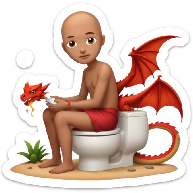 Una persona sin pelo sentada en un vater en una isla de sierta con un dragón escupiendo fuego sticker