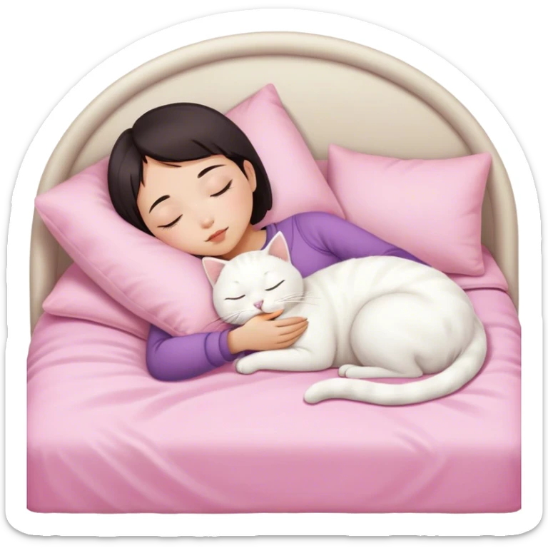 White cat sleeping with Asian girl short hair in pinky bed  sticker