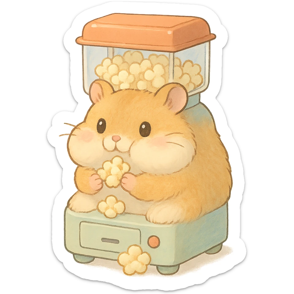 kawaii soft fluffy hamster designed as a popcorn machine appliance-animal hybrid, with puffed cheeks, holding popcorn, soft pastel colors, full-body, 电器拟动物风格 sticker