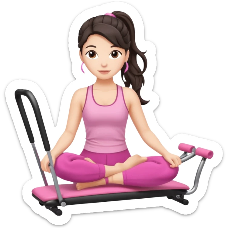 european white woman with dark wavy hair in ponytail using a pink set doing pilates sticker