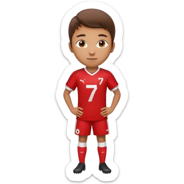 Apple iOS emoji style 20-23 year old soccer player standing hands on waist, red jersey #7, glossy 3D, clean background sticker