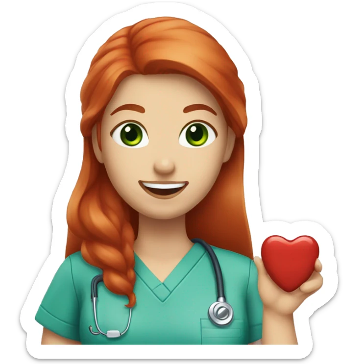 long red hair, green eyes, red lips girl, blue scrubs, holding a tooth sticker