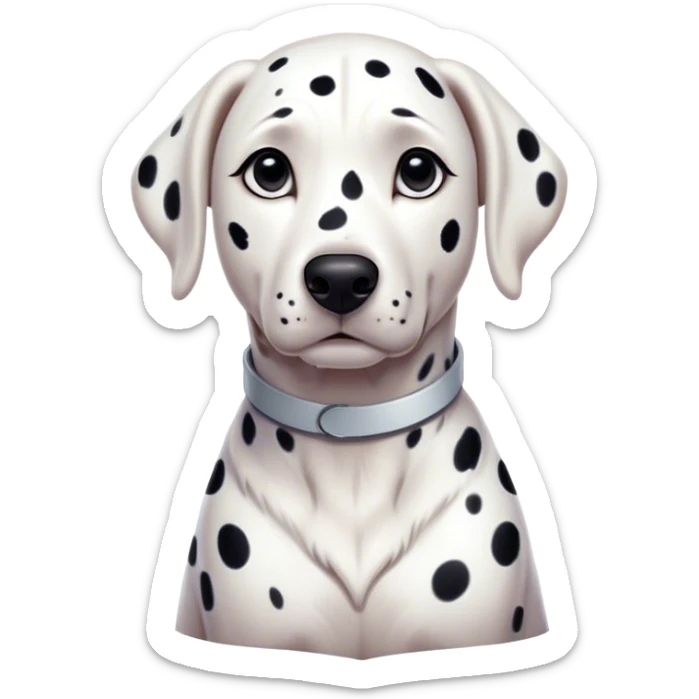 Cinematic Noble Dalmatian Portrait Emoji, Poised and regal, with a lean, athletic build and a glossy white coat adorned with distinctive black spots, deep-set soulful dark eyes, Simplified yet sharp and sophisticated features, highly detailed, glowing with a soft, dignified glow, high shine, intelligent and alert, stylized with an air of elegance, focused and attentive, soft glowing outline, capturing the essence of a watchful and confident companion, so majestic it feels as though it could dash out of the screen with effortless authority! sticker