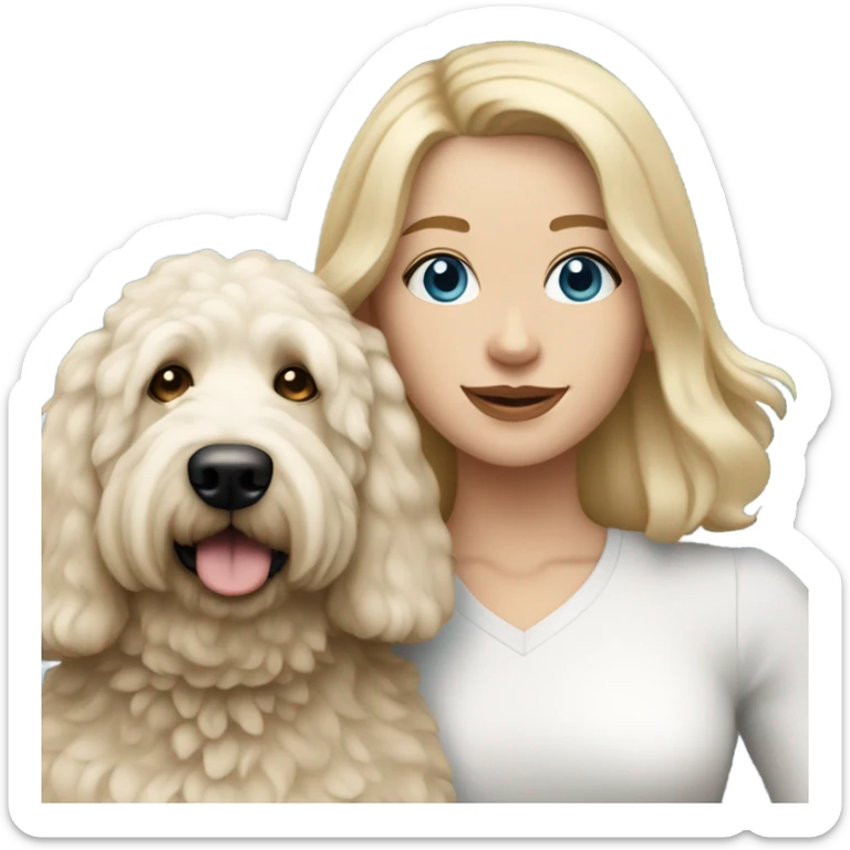 White lady with shoulder length blonde straight hair and blue eyes and her white golden doodle dog sticker