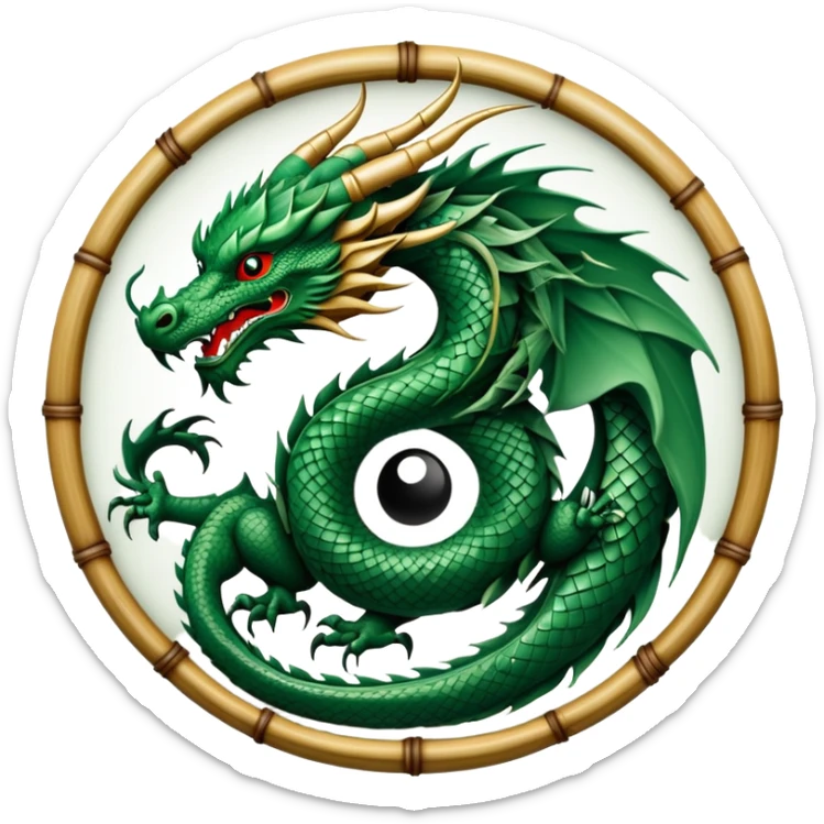 An icon symbolizing Eastern martial arts in the style of an emblem, with a black-and-white Yin-Yang symbol at the center. A dragon is placed on either side, representing strength and wisdom. The design includes bamboo and traditional elements. Transparent background sticker