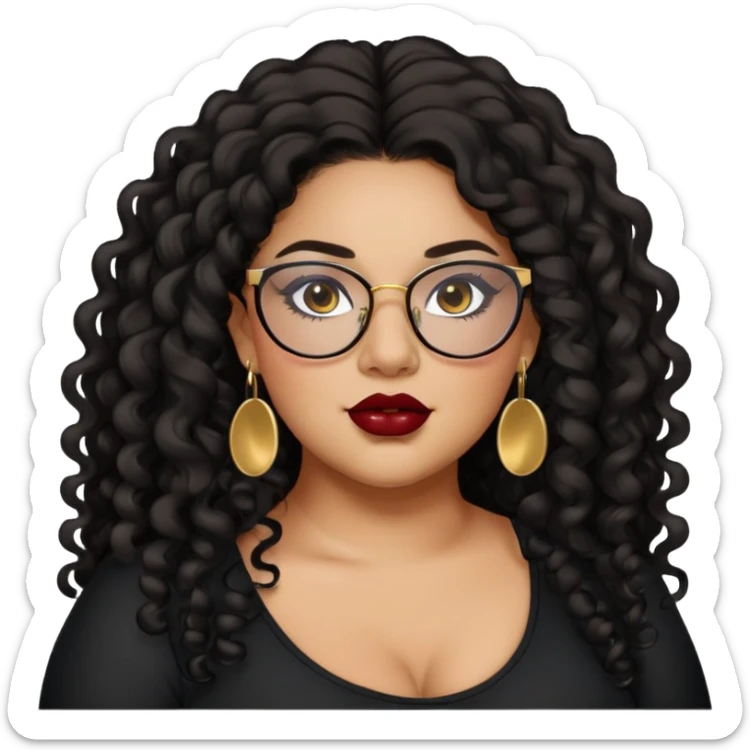 teen big plus size, latina, darker tan skin, gold earrings, long black curly hair, baddie,pretty, makeup, dark red lipgloss, black eyeliner, long hair, black top, black glasses sticker