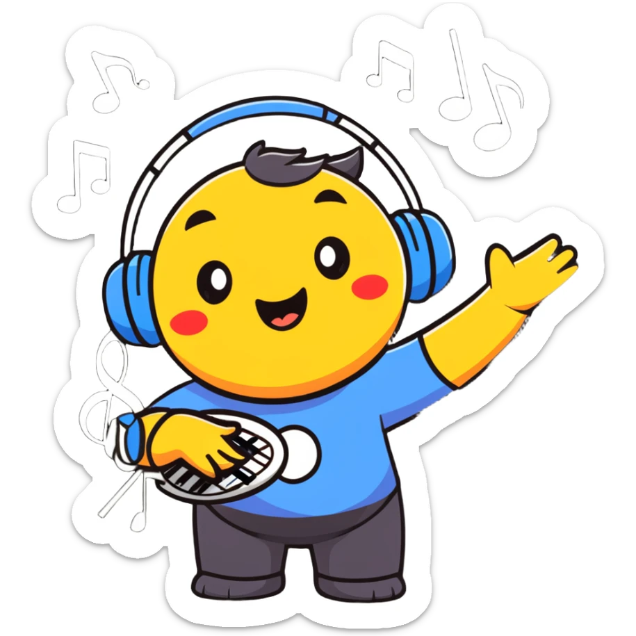 Ruko Yokune in singing pose with musical notes, colorful cartoonish sticker style sticker