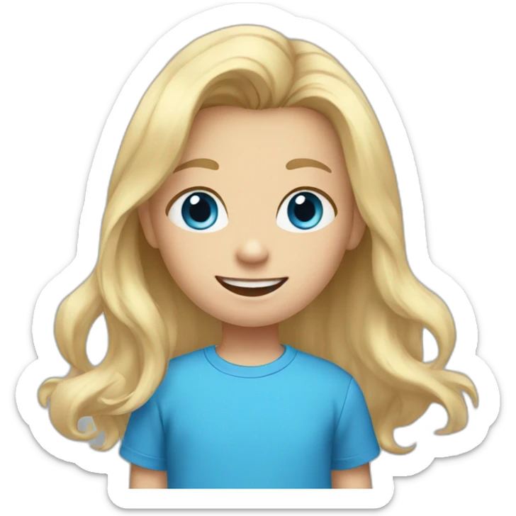 A child with blonde hair, blue eyes and a blue t-shirt and with cute little teeth sticker