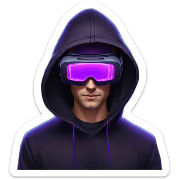 Russian man in the black hoody with violet OMG VR logo on it wearing vr headset. Cyberpunk style. Violet neon. sticker