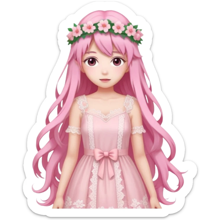 pastel anime woman with pink and white lace dress full body and long hair with flower crown sticker