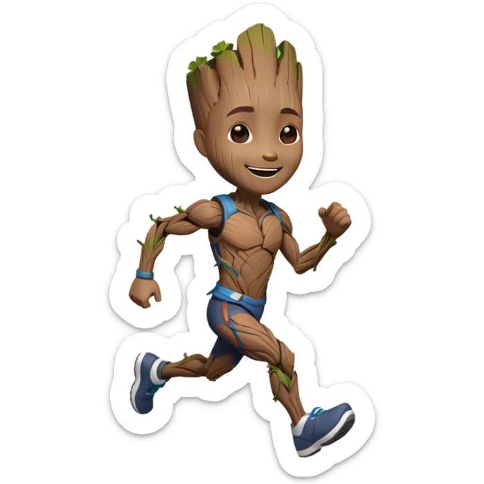 groot from guardians of the galaxy running in fitness clothes sticker