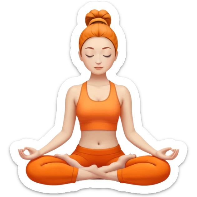caucasian woman with ponytail in lotus position meditating, eyes closed, peaceful expression, bright orange yoga clothes sticker