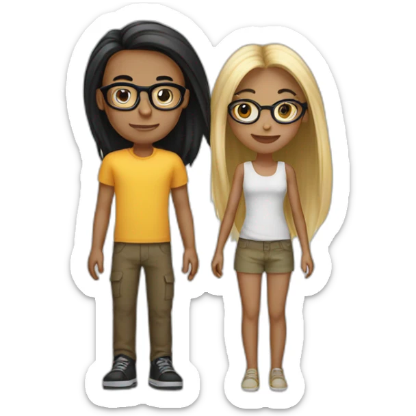 girl with bro2n long straight hair and black round glasses and bald boy sticker