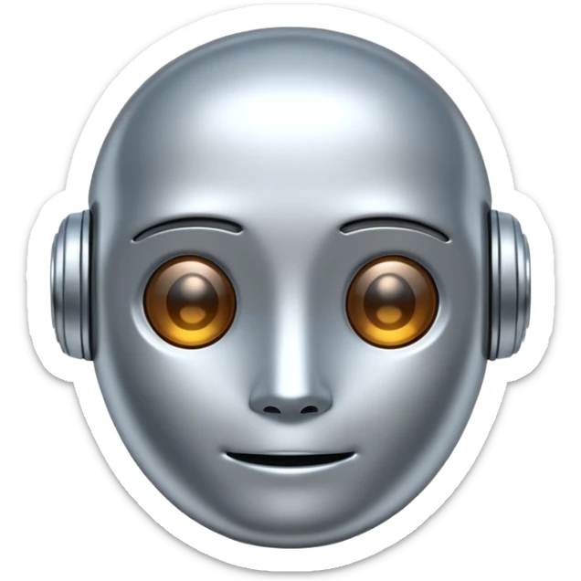 A cute futuristic robot emoji made of silver chrome, rounded friendly body, minimal facial features, glossy metallic surface, soft reflections, iOS emoji style, centered, clean white background sticker