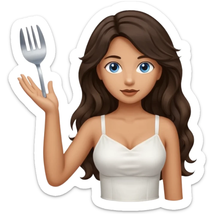 Girl with olive skin, blue eyes, brown dark insanely wavy long hair, white camisole, left hand palm up server style no spoon sticker