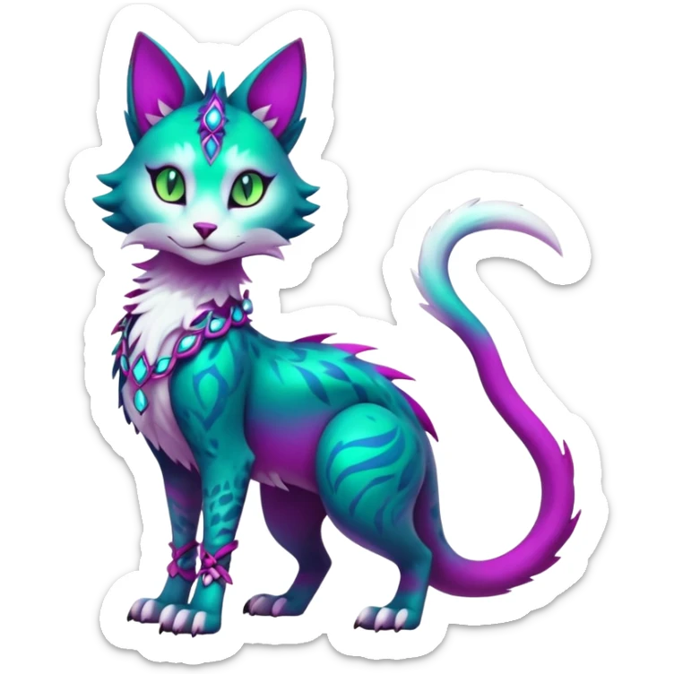 Kawaii colorful iridescent dark-turquoise-green and magenta and white beautiful pretty elegant divine edgy fantasy feline-vernid-sergal-Fakémon-Pokémon-fursona-animal-creature with accessories, full body, with intricate detailed markings sticker