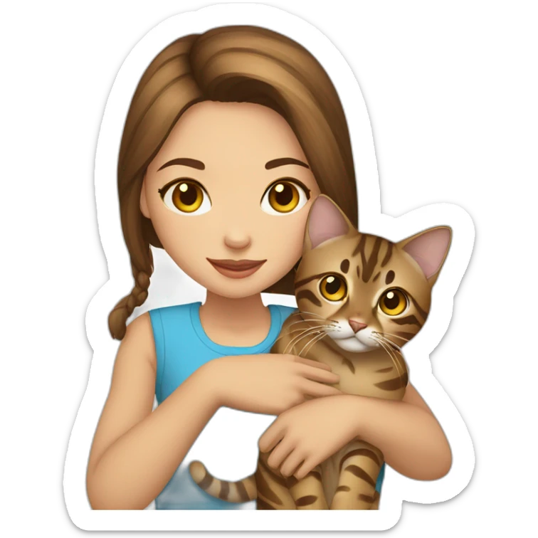 a beautiful girl with brown hair and blue eyes holds a Bengal cat with yellow eyes in her arms sticker