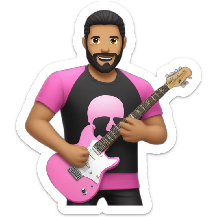 white man with black beard and black t shirt and pink electric guitar sticker