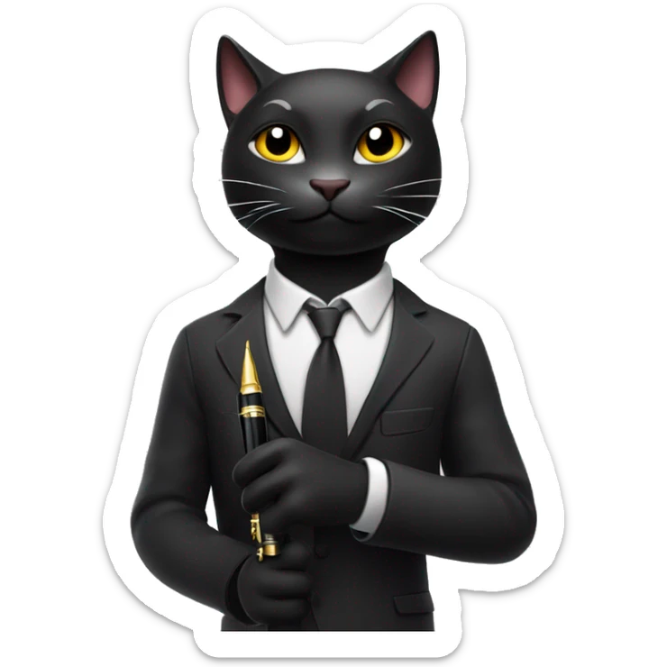 A black, excited male cat with a sleek, cool vibe, holding a large fountain pen with a big smile and bright eyes sticker