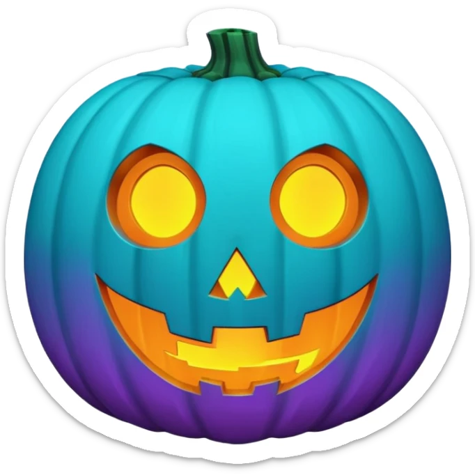 futuristic glowing jack-o-lantern emoji face, purple and cyan carved glow, dark background sticker
