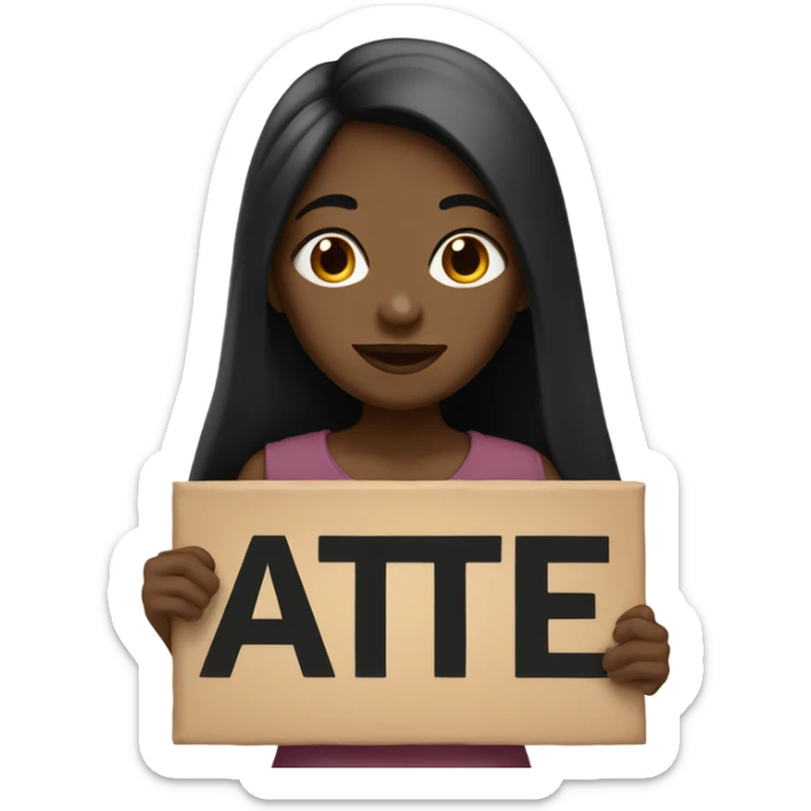 A brown skin girl with black long straight hair holding a sign that says "ate" sticker