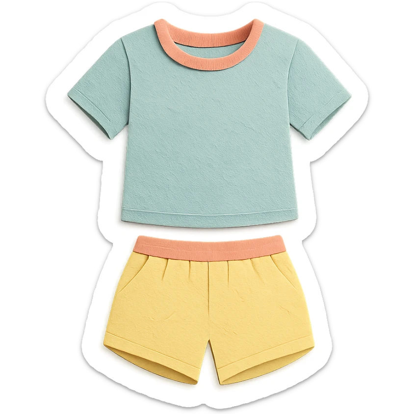 illustration of a women's short and tee shirt set in pastel colors in paper-craft style sticker