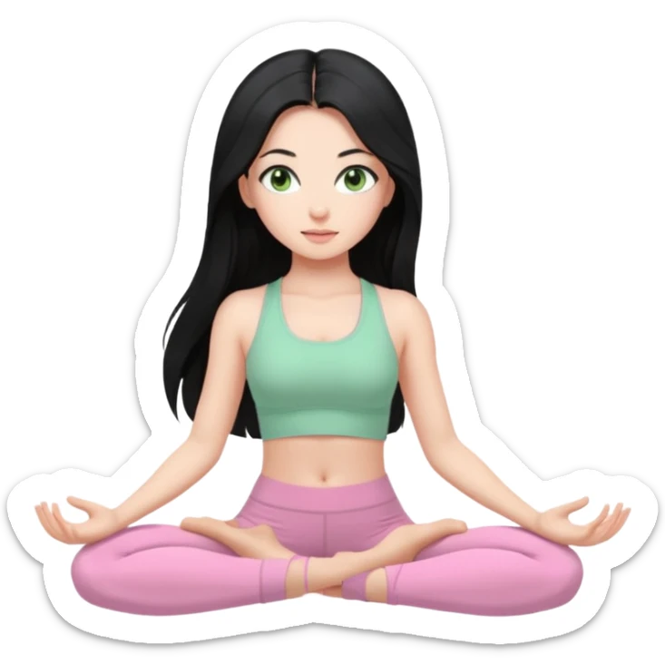 Girl with super long black hair with light green eyes doing yoga with light pink clothes sticker