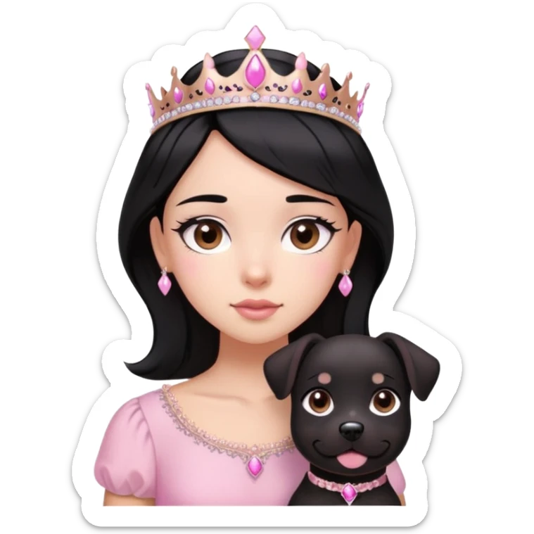 Uma menina de cabelo preto,olhos castanhos,teara rosa ,pluza rosa claro,com o cachorro preto olho caramelo e com um lado rosa  sticker