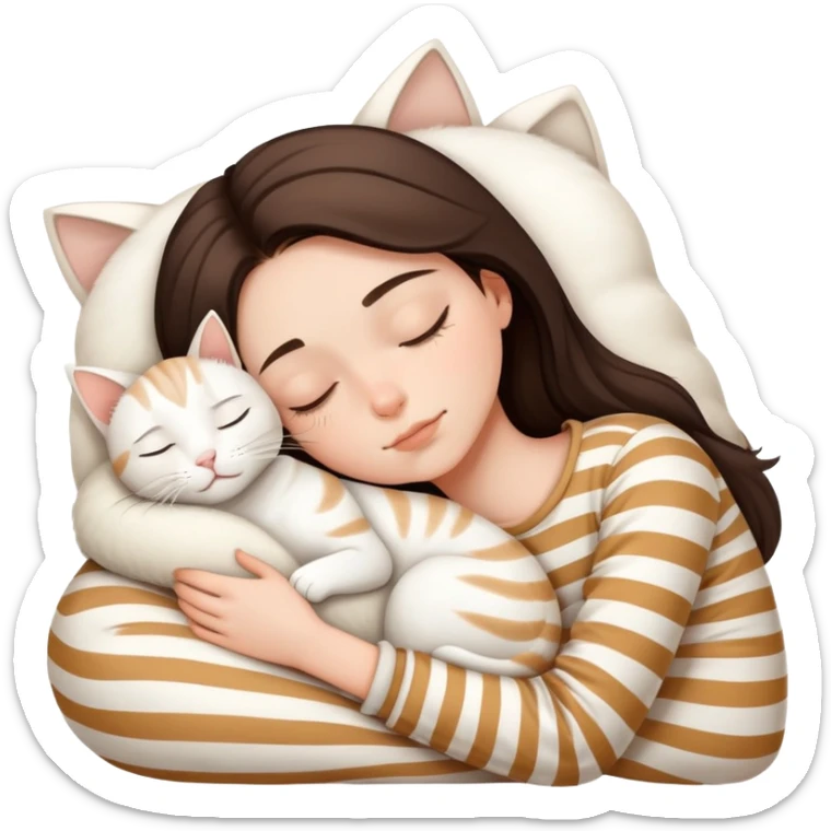 Brunette teenage girl sleeping with white cat with beige stripes sticker