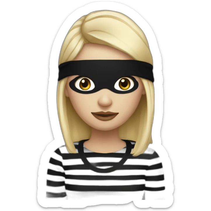 blonde woman in fully black beanie hat, black eye mask and striped shirt sticker