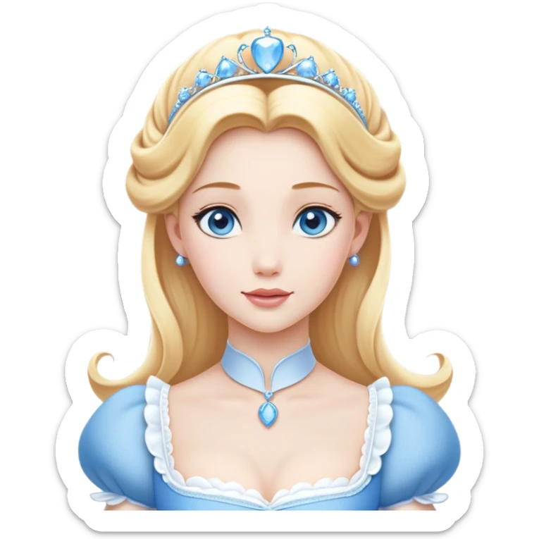 Cinematic Elegant Cinderella Portrait Emoji, Graceful and poised in her classic maid attire, golden locks cascading softly, bright blue eyes full of hope, a gentle glow of kindness and determination, delicate and humble yet undeniably beautiful, evoking the moment before her magical transformation, pure enchantment in her gaze! sticker