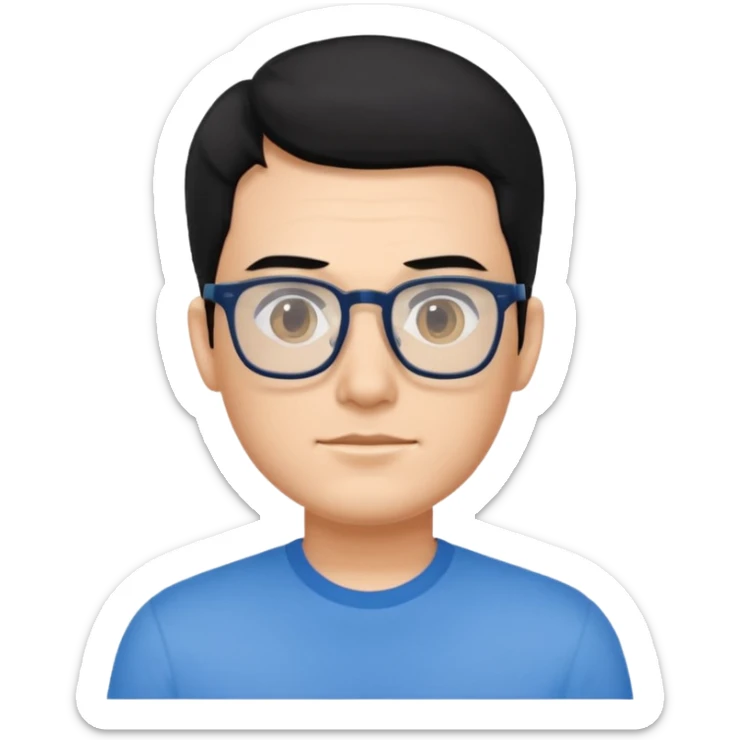 portrait of US man, wearing a blue shirt, square glasses, black hair sticker