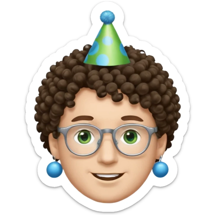 A white guy with curly brown hair and green eyes with a happy face, and wear square black glasses.He’s also got a full silver birthday party hat on his head with blue pom poms on top of it, and his T-shirt is all black, he wears a little gold circle earrings on his left  sticker