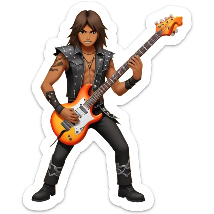 An icon showing a rock musician holding an electric guitar, surrounded by vibrant musical notes and fiery stage effects, inspired by Brutal Legend. The design includes a powerful stage presence with dynamic energy and electric riffs in the background. Transparent background highlights the music and action. sticker