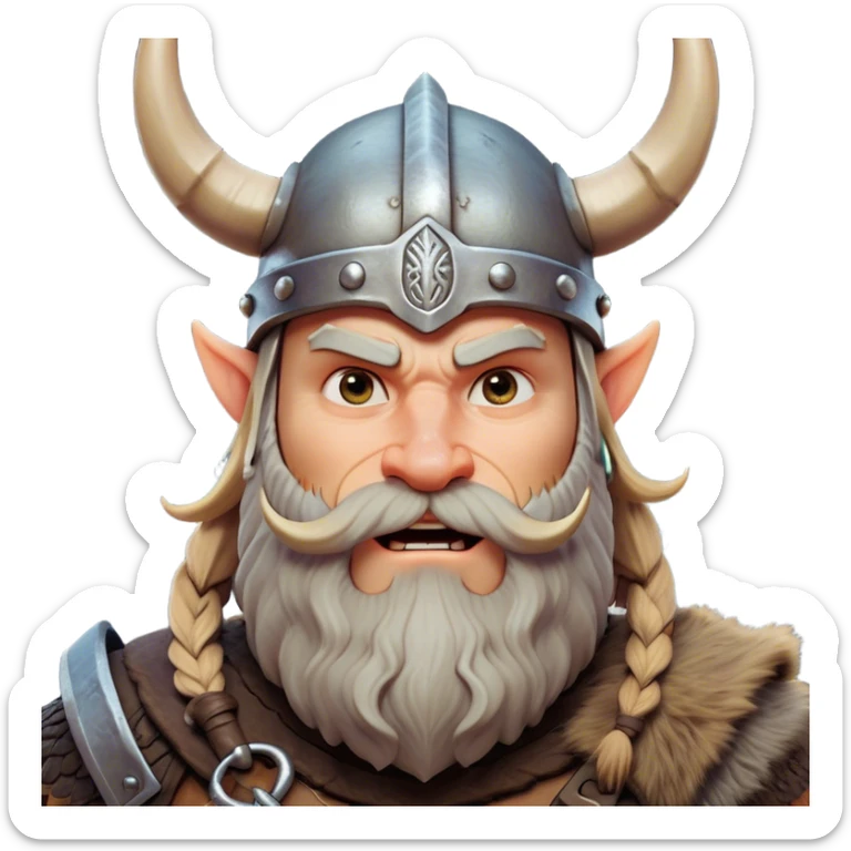 Clash of Clans aesthetic: Cinematic Comical Viking Portrait Emoji, Head tilted dramatically with an exaggerated, fun expression and wide, comically expressive eyes, featuring a rugged yet cartoonish build with a quirky Viking helmet with oversized horns and a playful beard, his face rendered in natural skin tone, Simplified yet hilariously expressive features, highly detailed, glowing with a slightly sassy, vibrant radiance, high shine, dramatic yet playful, stylized with an air of cheeky Nordic mischief, soft glowing outline, capturing the essence of a meme-worthy Viking bringing humor to epic adventures! sticker