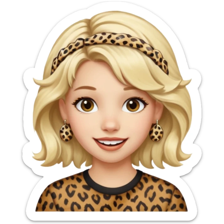 Une fille blonde et joyeuse. Elle porte une coiffure rock et originale avec 3 pinces pour cheveux  léopard et motif peau de vache. sticker