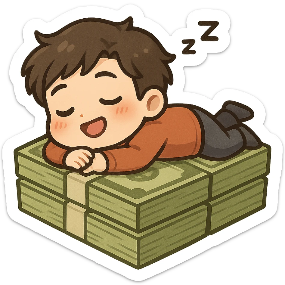 happy person napping on mattress of money sticker