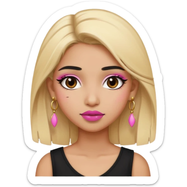Sweet Indian girl blond hair black eyes brown/pink lipstick pink blush black top gold earrings brown eyebrows  sticker