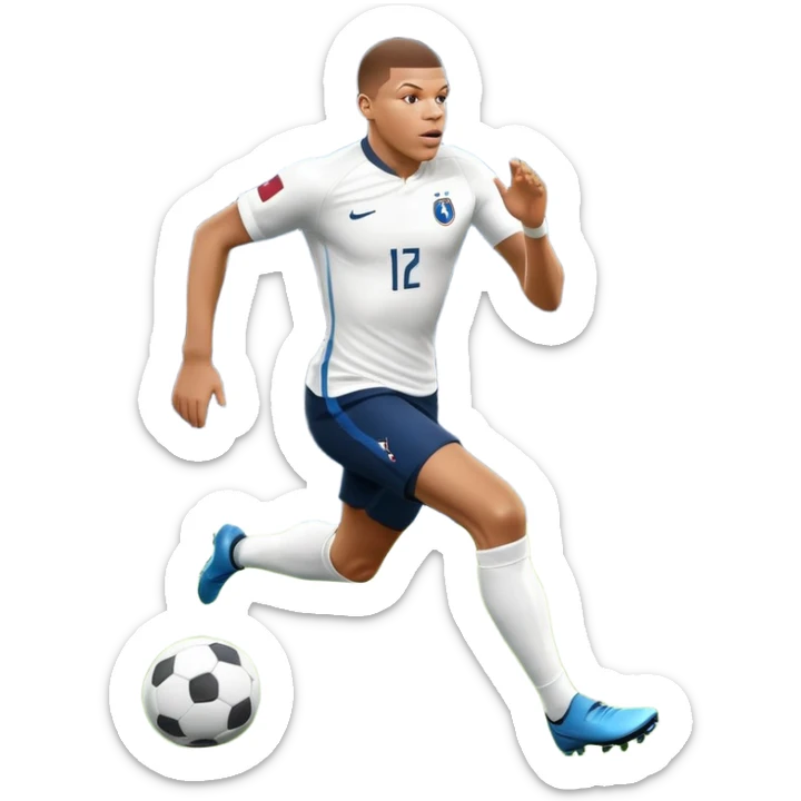 An icon showing Kylian Mbappé running with the ball on a football field during a match. The design captures his speed and focus, with dynamic motion lines and a vibrant background of the field and stadium lights. Transparent background emphasizes the action. sticker