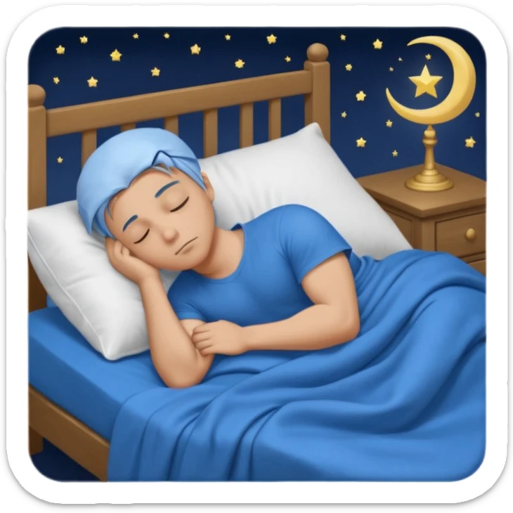 A young muscular male with short dark-blonde hair and medium-light skin, wearing blue cloth. He sleeps on his side, holding a soft white pillow, his head on a smooth blue pillow. A sleeping symbol floats above him in the dark, nighttime scene. A flowing blue blanket with silky folds covers him. sticker