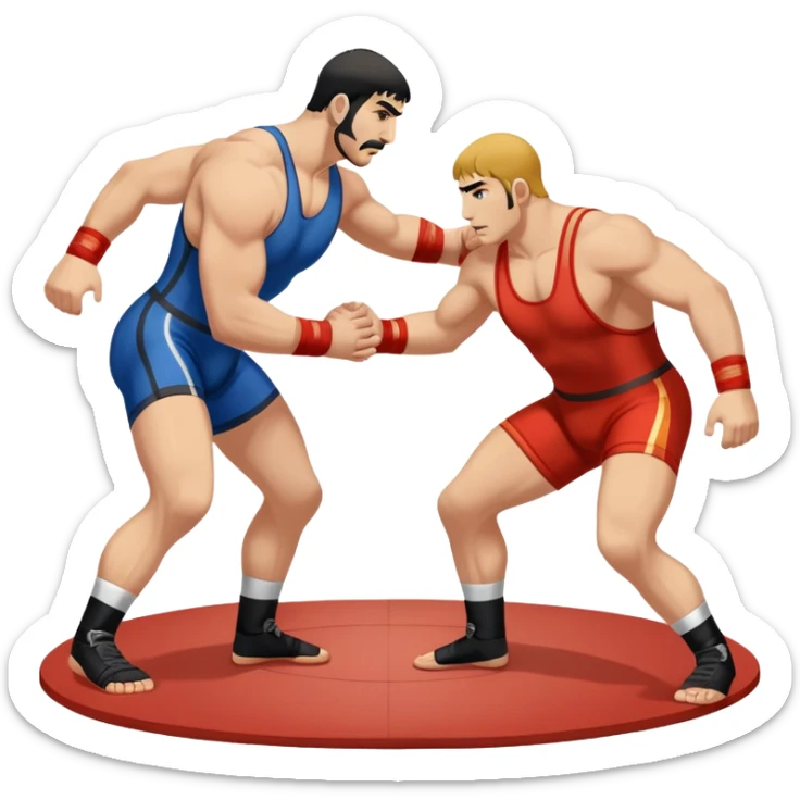 An icon symbolizing Greco-Roman wrestling, showing two wrestlers locked in a powerful grip, focusing on upper-body techniques. The background features a wrestling mat, with the athletes wearing traditional singlets. Transparent background highlights the strength and skill of the sport. sticker