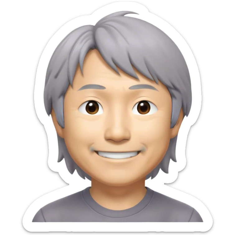 ​Cinematic Realistic Portrait of a Smiling Shigeru Miyamoto, depicted with warm, approachable features, gentle grey-tinted hair, and kind, expressive eyes, set against a subtle backdrop hinting at iconic video game imagery, rendered with lifelike textures and soft, inviting lighting that captures his innovative spirit, sticker