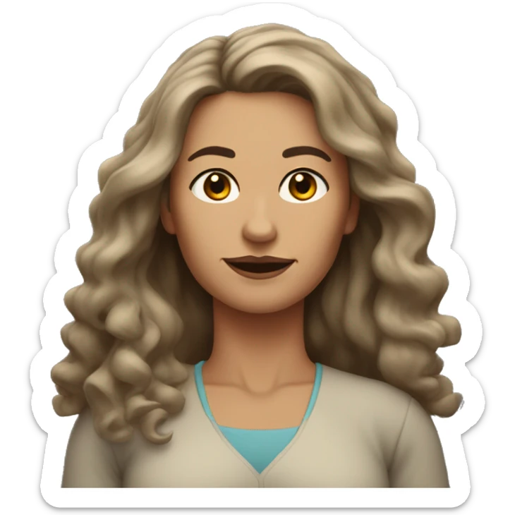 54-year-old woman with long, wavy, brown hair, black eyes, strong build with small black eyes sticker